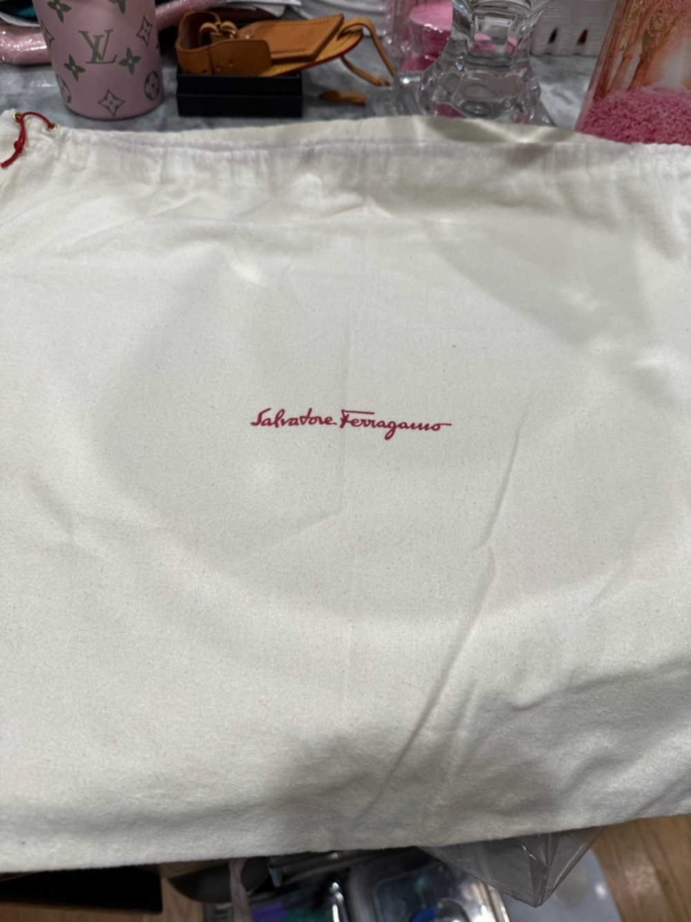 Salvatore Ferragamo Cream Drawstring Dust Bag with Red Logo